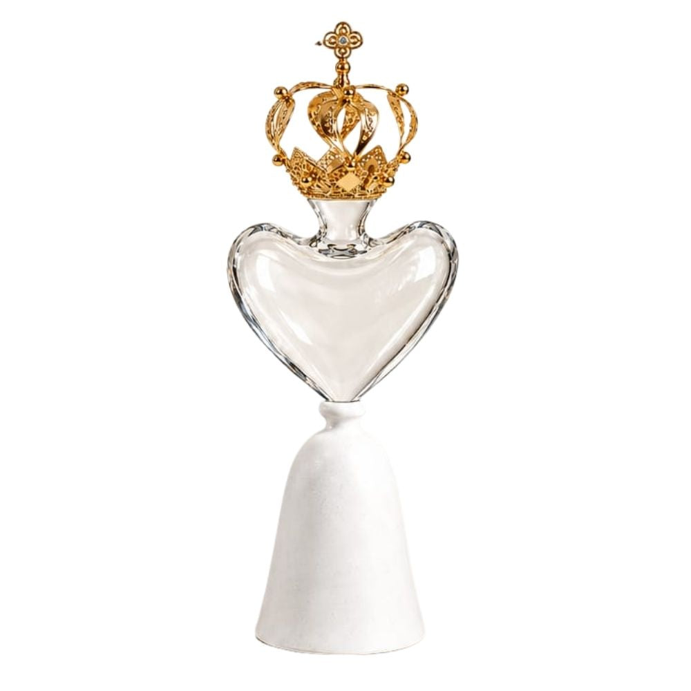 SACRED HEART SCULPTURE WITH CROWN / WHITE MATTE BASE / CRYSTAL HEART / GOLD CROWN