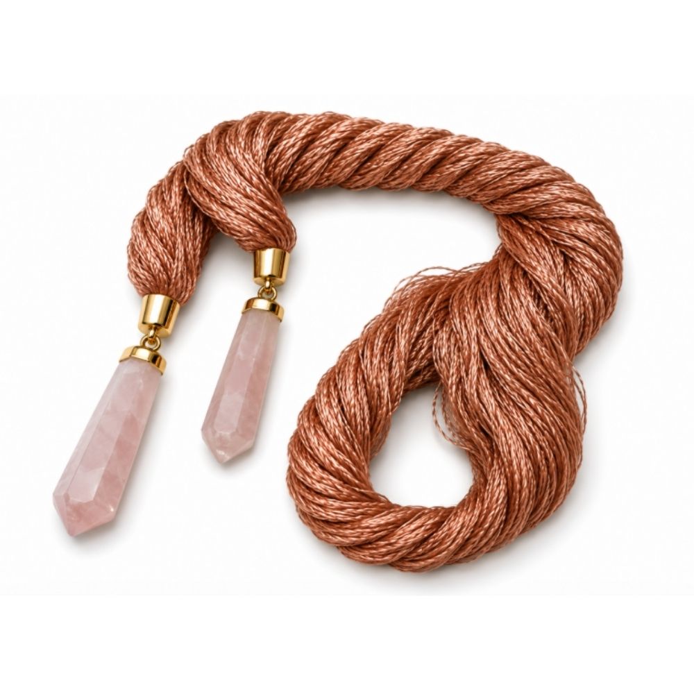 PINK QUARTZ NECKLACE / PEACH SILK STRAW